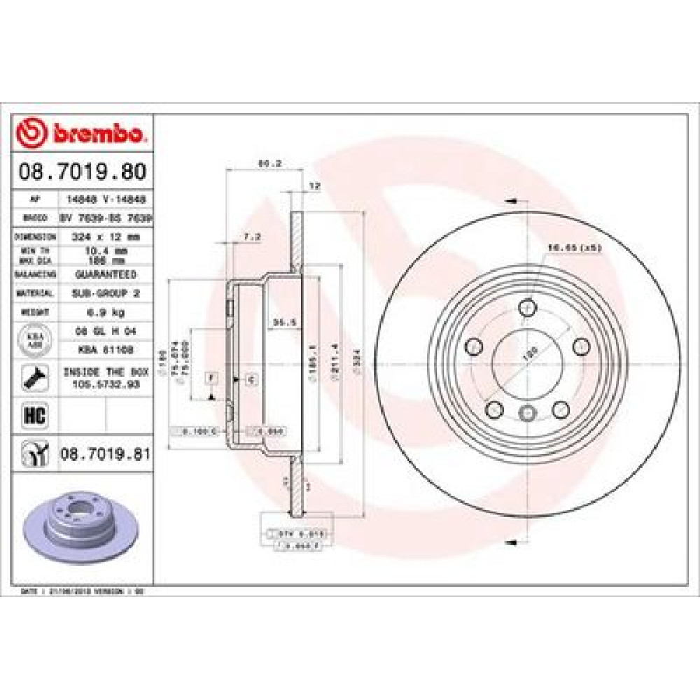 Тормозной диск задний BREMBO 08701981