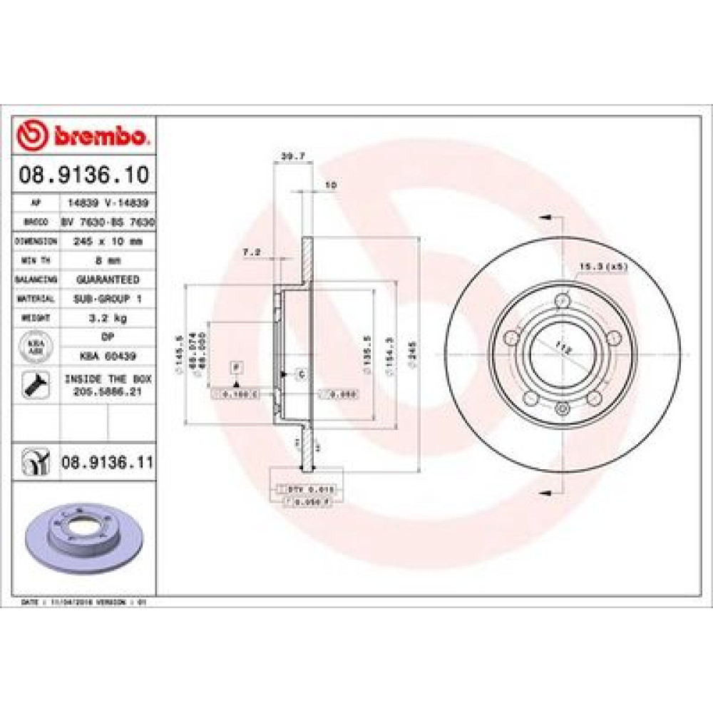 Диск тормозной BREMBO 08913610