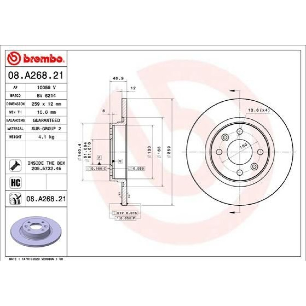 Тормозной диск передний BREMBO 08a26821