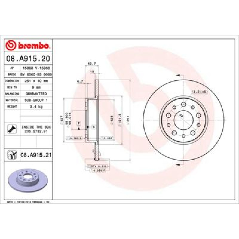 Диск гальмівний BREMBO 08a91521