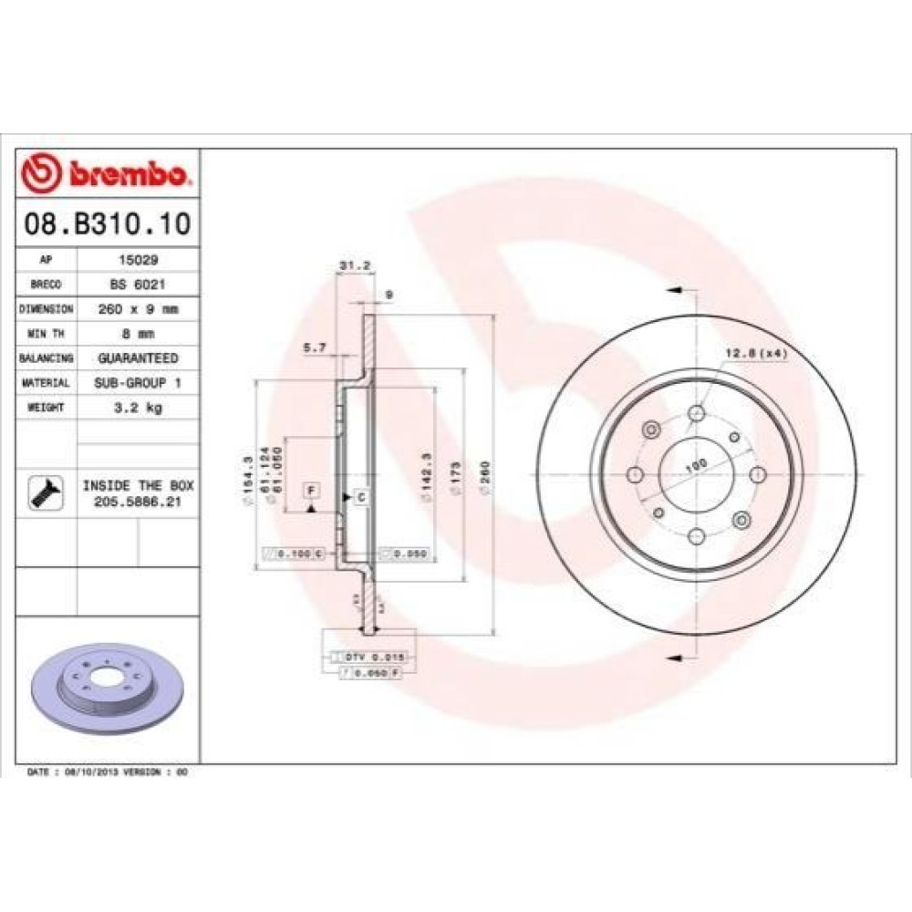 Диск гальмівний BREMBO 08b31010