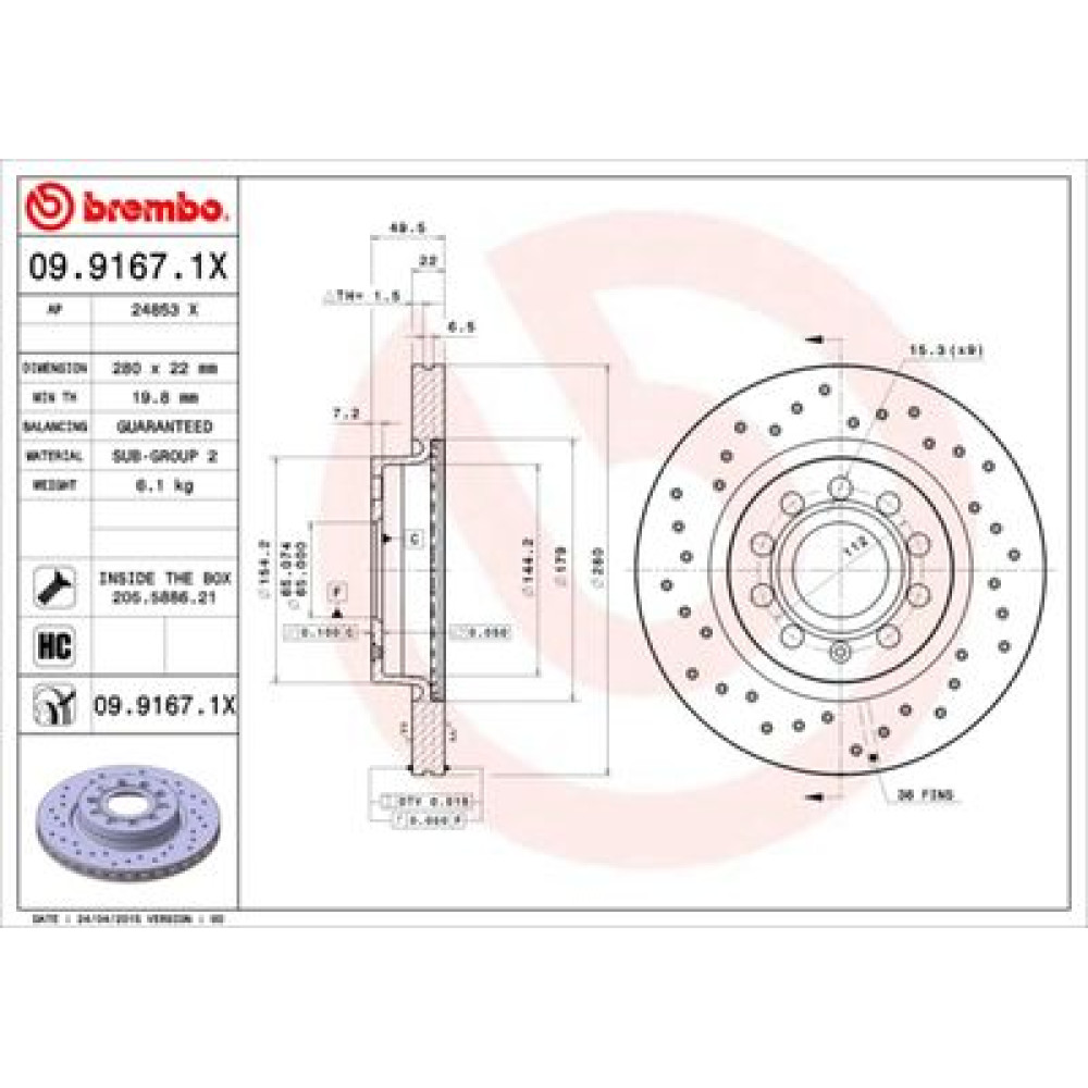 Диск гальмівний BREMBO 0991671x