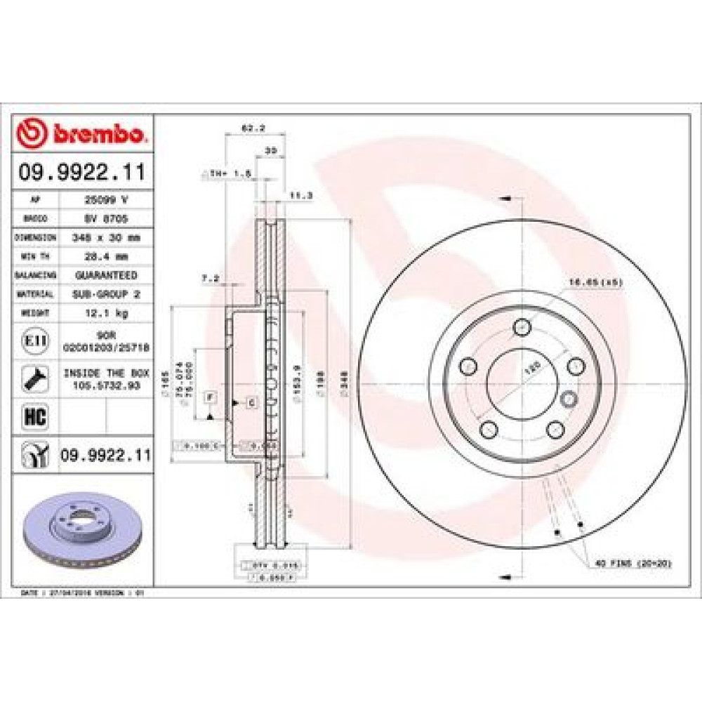 Тормозной диск передний BREMBO 09992211