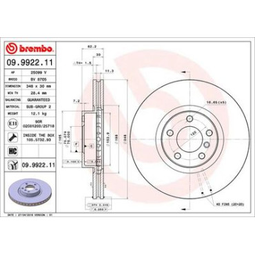 Тормозной диск передний BREMBO 09992211