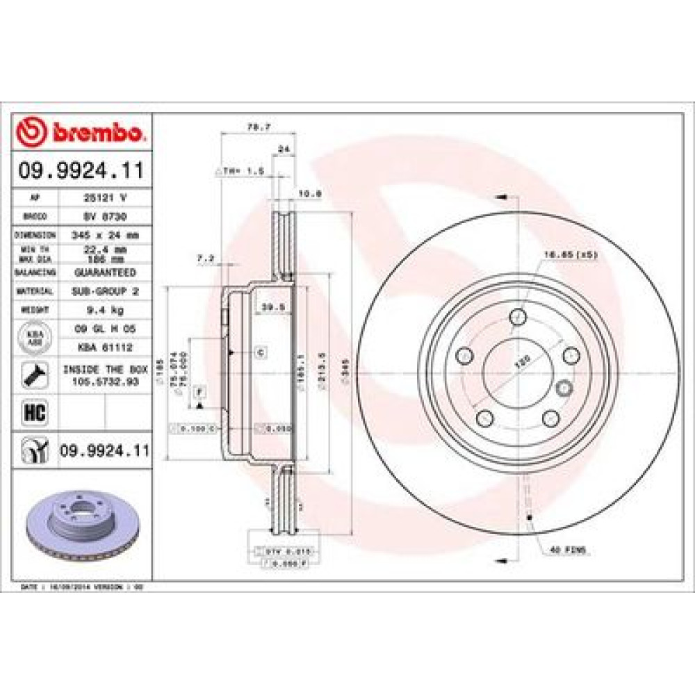 Тормозной диск задний BREMBO 09992411