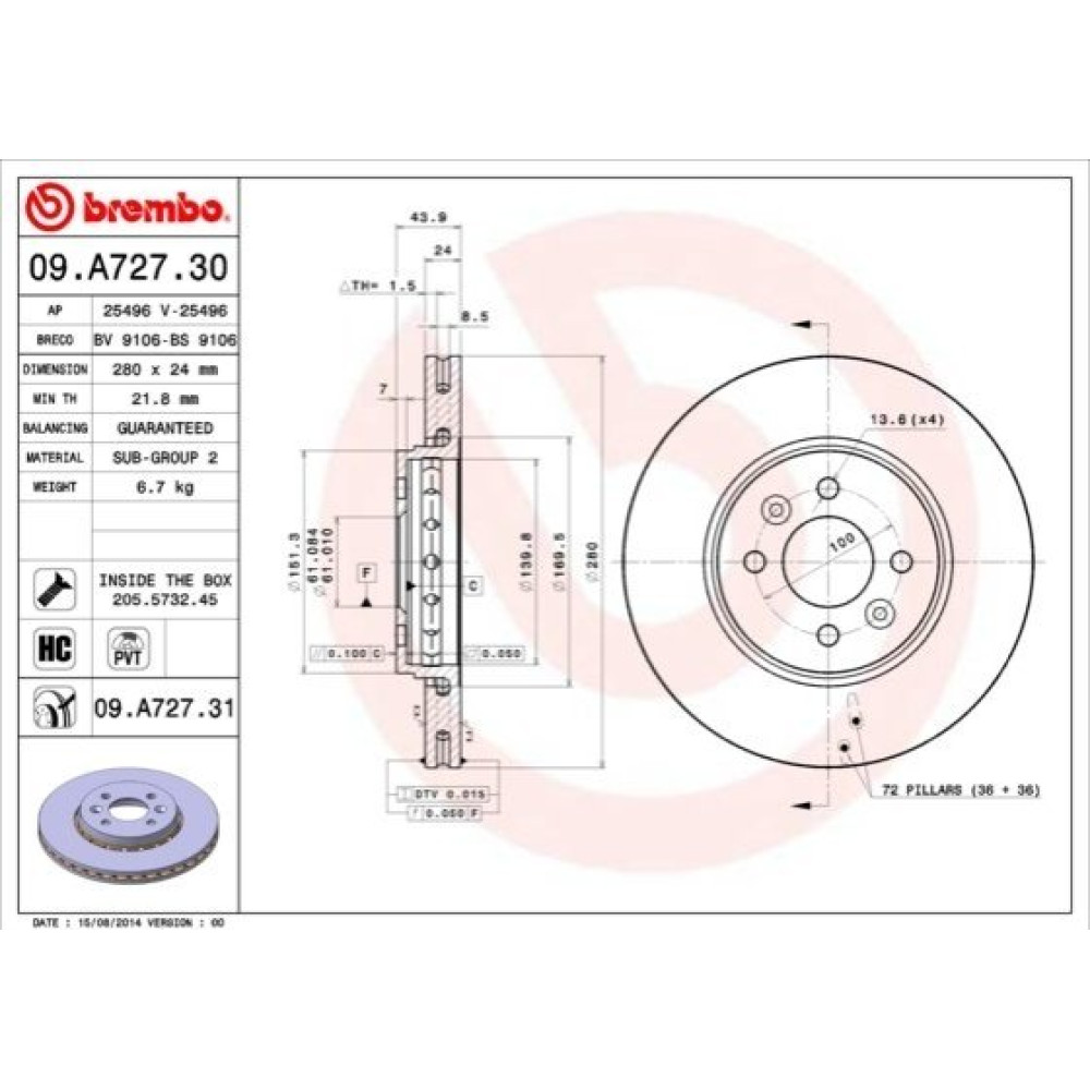 Гальмівний диск передній BREMBO 09a72731