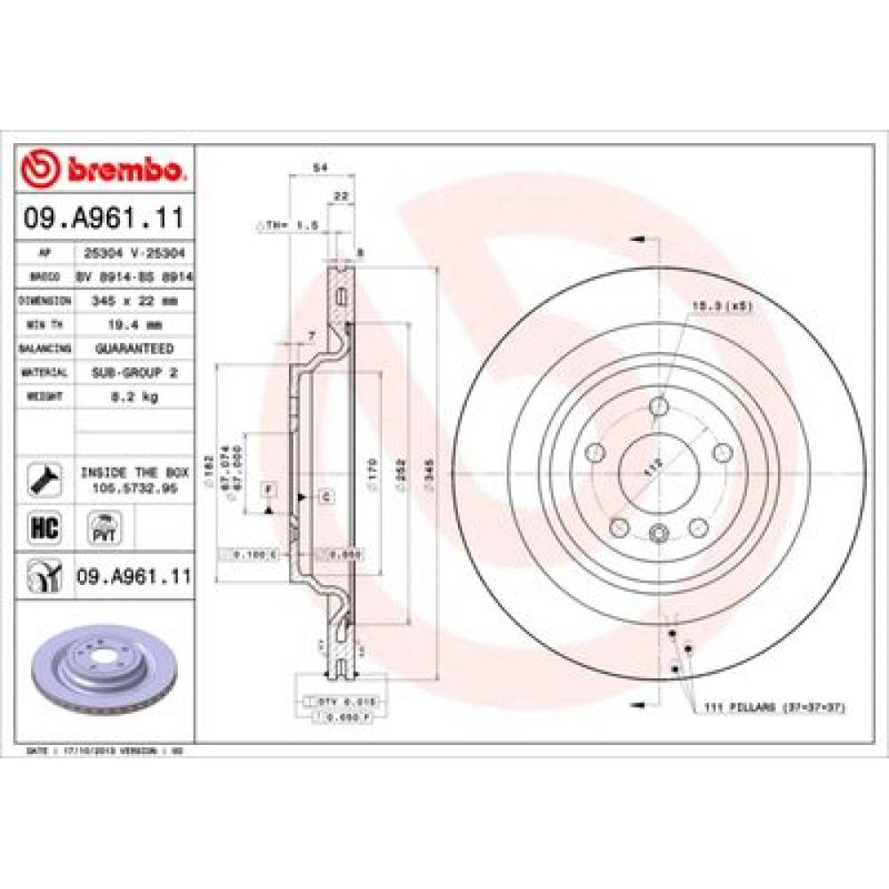 Диск гальмівний BREMBO 09a96111