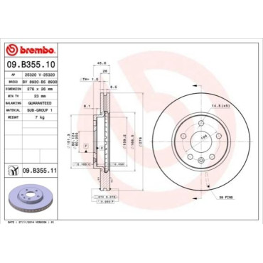 Тормозной диск передний BREMBO 09b35511