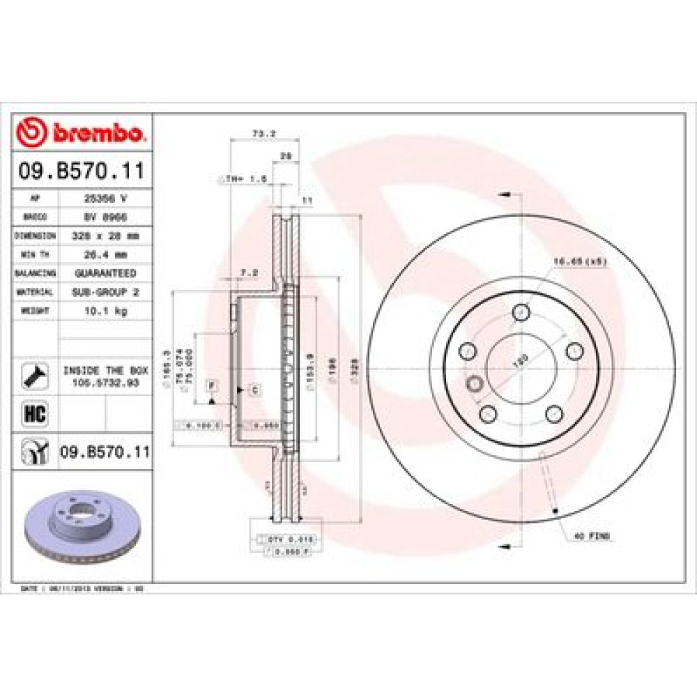 Тормозной диск передний BREMBO 09b57011