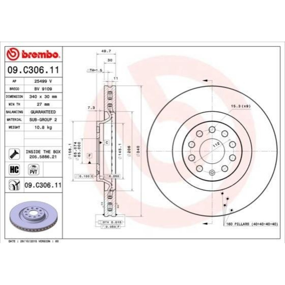 Тормозной диск передний BREMBO 09c30611