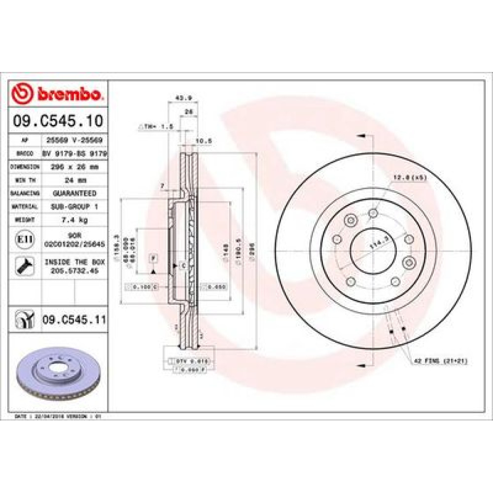 Тормозной диск передний BREMBO 09c54511