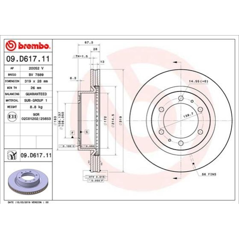 Тормозной диск передний BREMBO 09d61711