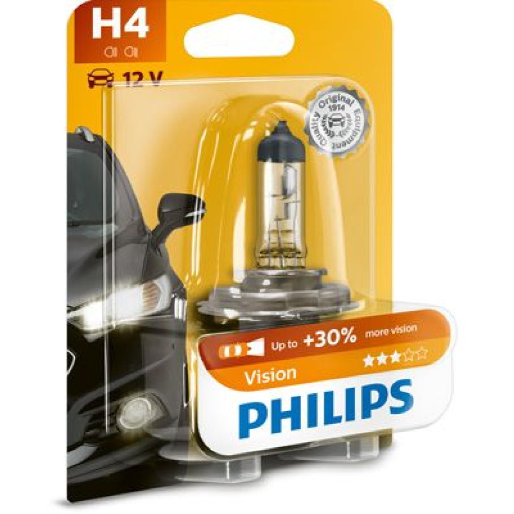 Автолампа H4 12V 60/55W P43t-38 Vision +30% (1 в блістері) PHILIPS 12342prb1