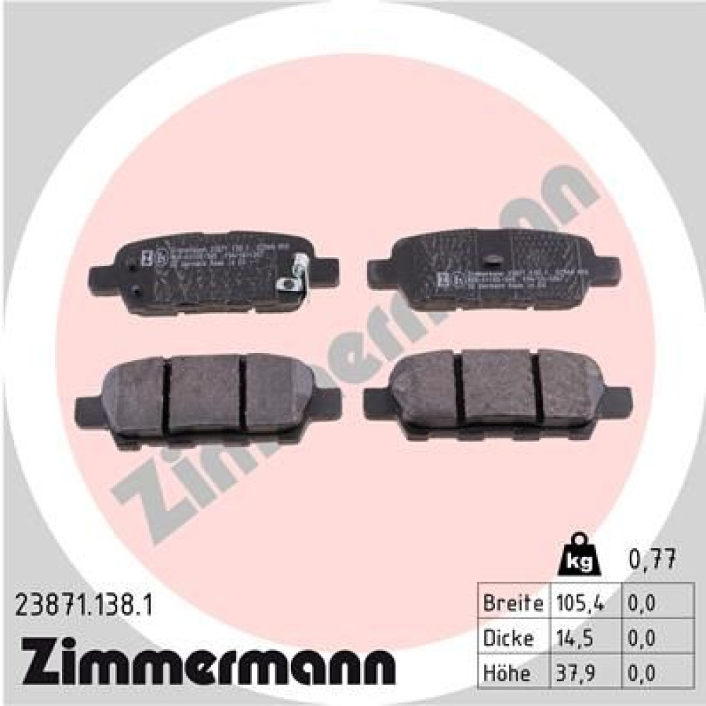 Колодки гальмівні дискові задні комплект ZIMMERMANN 238711381