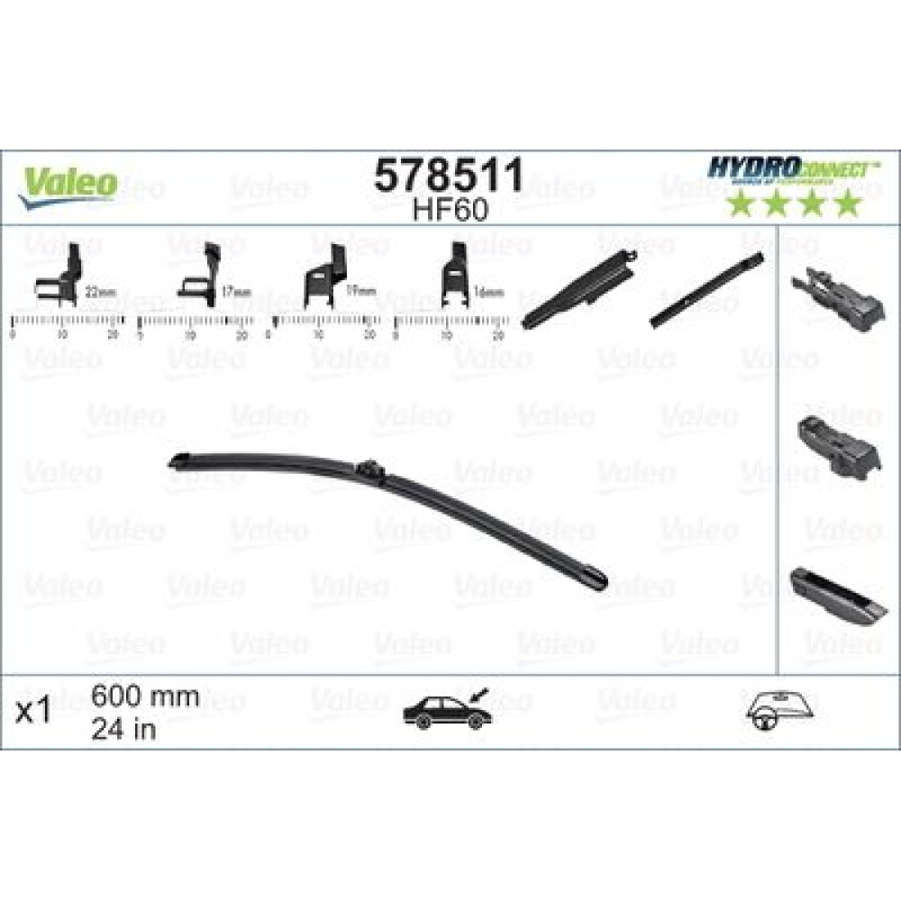 Безкаркасна щітка склоочисника HydroConnect Front 600мм VALEO 578511