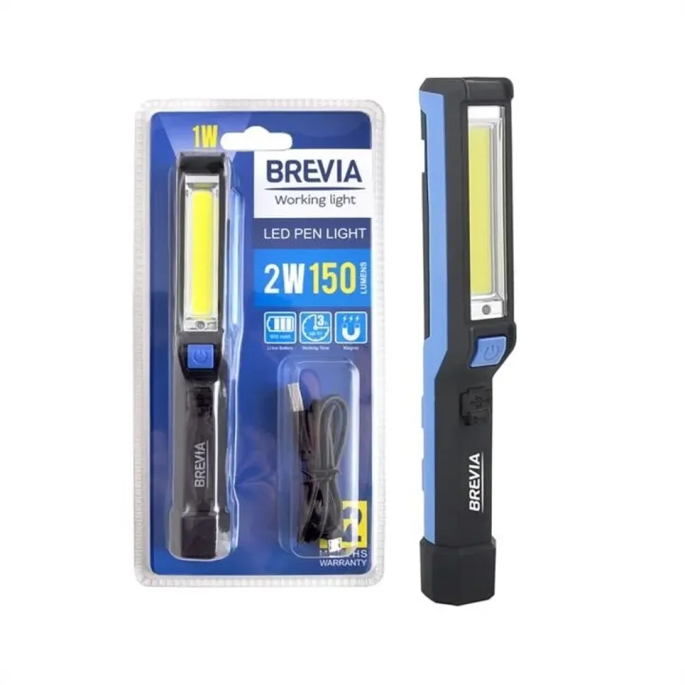 LED Pen Light 2W COB+1W LED 150lm, 900mAh, microUSB, блістер BREVIA 11220
