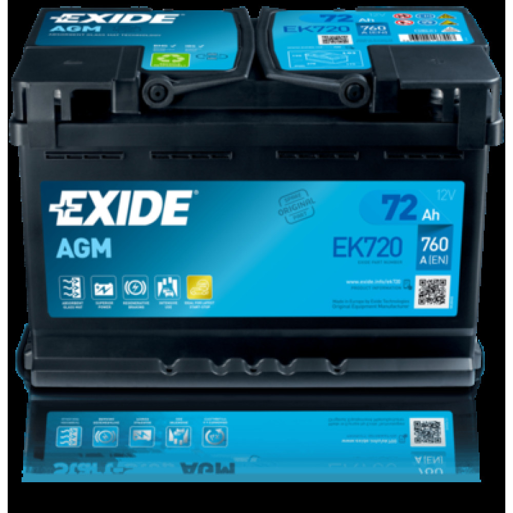 Акумулятор автомобільний AGM Start-Stop 12V/72Ah/760 (R+) EXIDE ek720